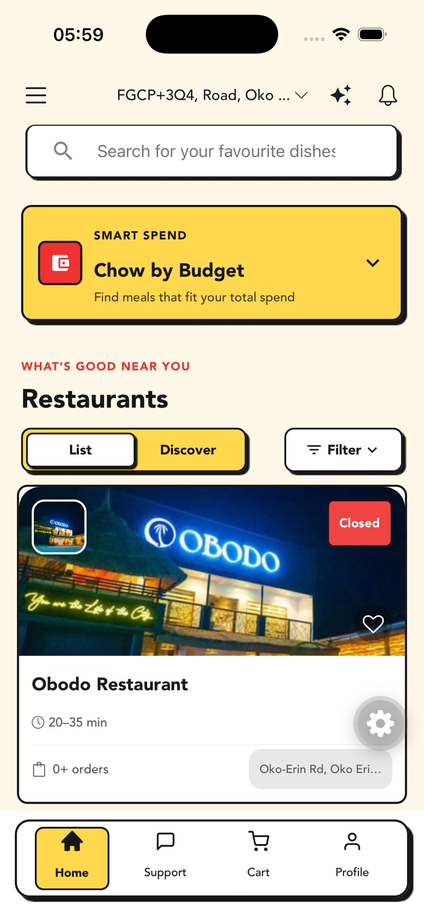 Neo-brutalist Terrachow app discovery screen showing nearby restaurants
