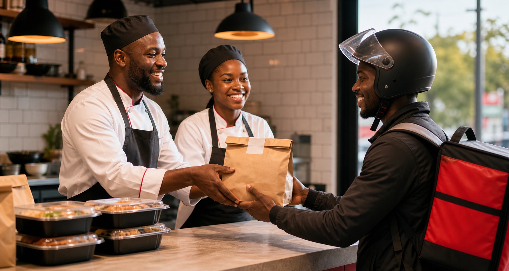 Restaurant team handing a prepared order to a Terrachow delivery rider